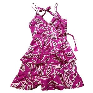 Hand of the Free Wrap Dress Women Pink Tropical Boho Ruffle Mini SIZE L
